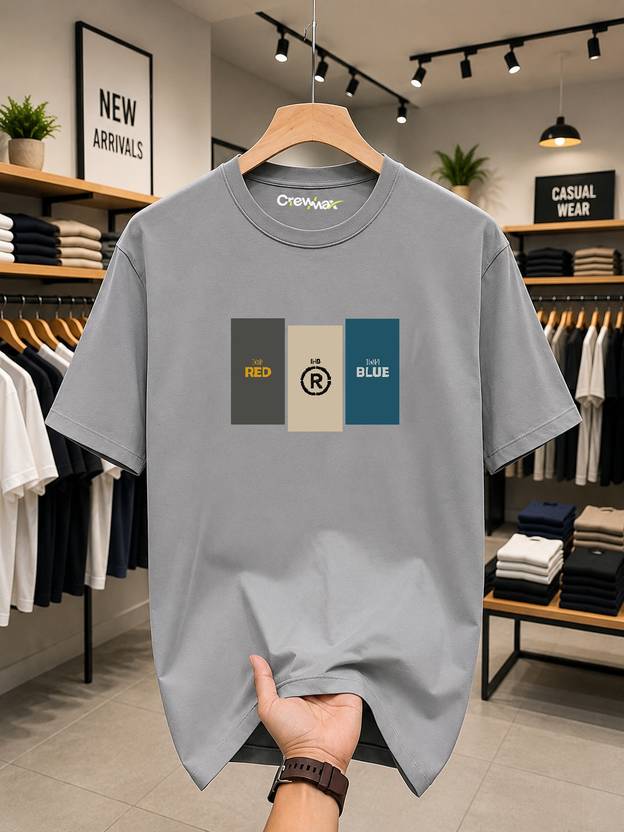 crewmax Men Graphic Print Round Neck Pure Cotton Grey T-Shirt
