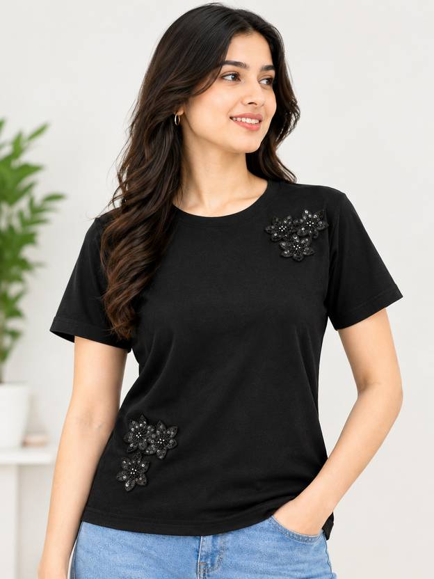 OPENLY Women Embroidered, Solid Round Neck Pure Cotton Black T-Shirt