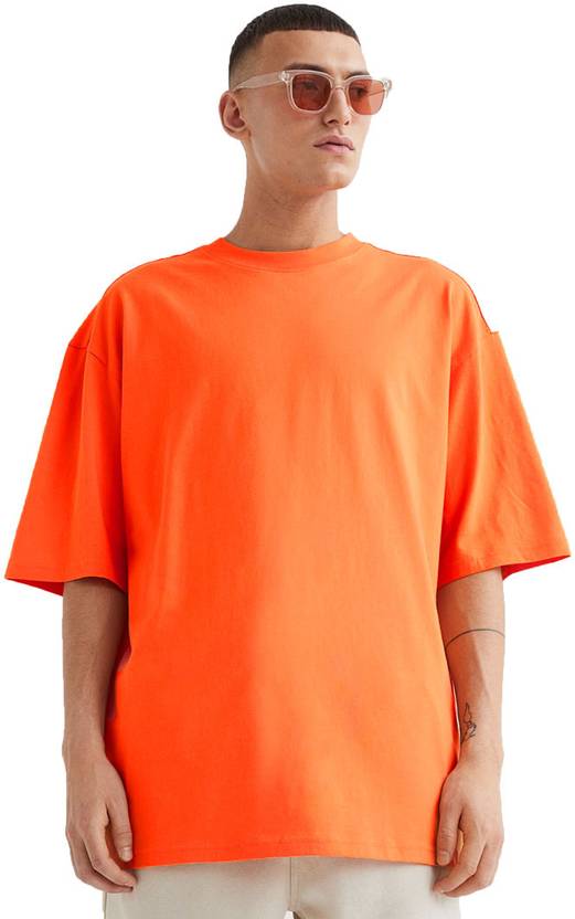 Besick Men Solid Round Neck Cotton Blend Orange T-Shirt