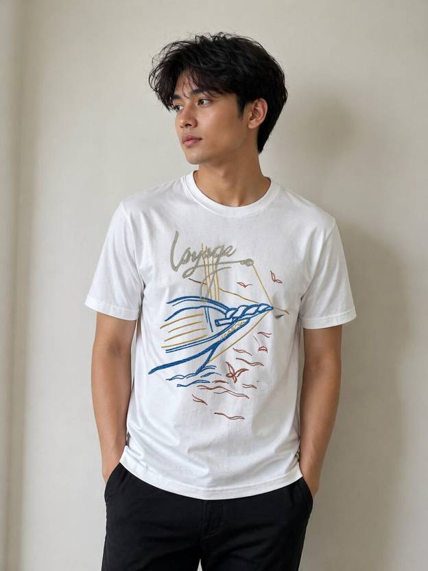 MENTOR Men Graphic Print Round Neck Cotton Blend White T-Shirt