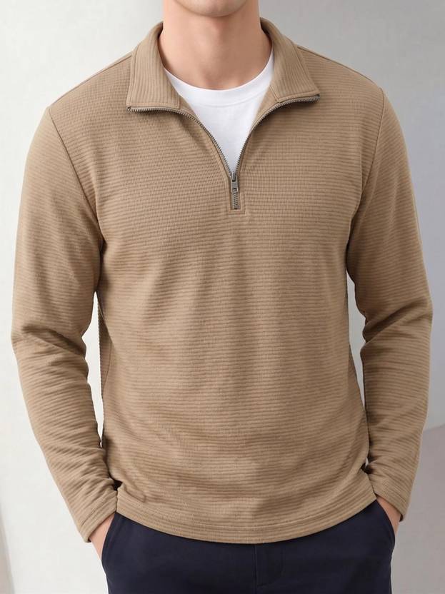 Rufica Men Self Design Polo Neck Cotton Blend Beige T-Shirt