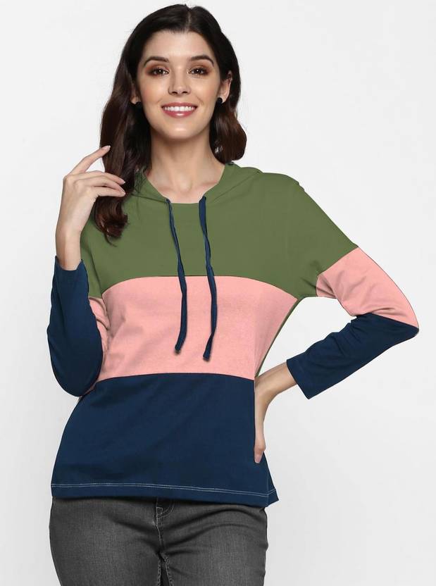 METRONAUT Colorblock Women Hooded Neck Green, Blue T-Shirt