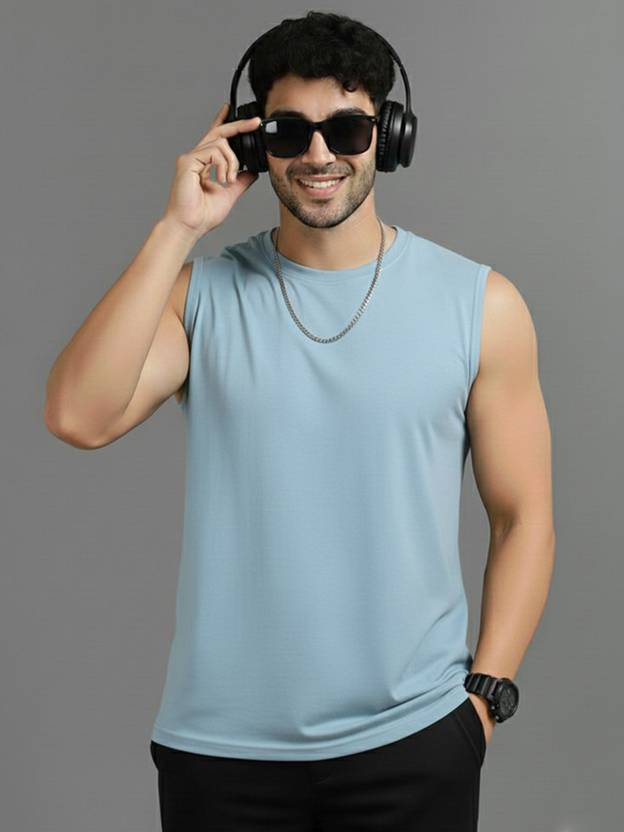 Bribzy Men Solid Round Neck Polyester Blue T-Shirt