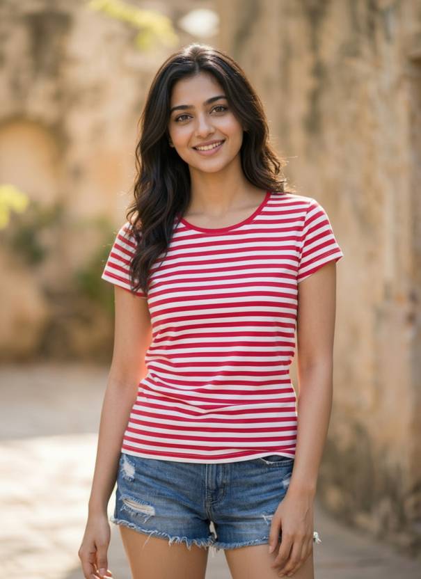 Hive91 Striped Women Round Neck Pink, White T-Shirt