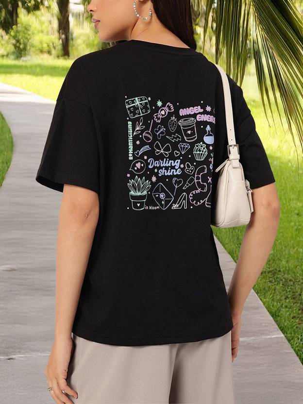 Glitchez Women Printed Round Neck Cotton Blend Black T-Shirt