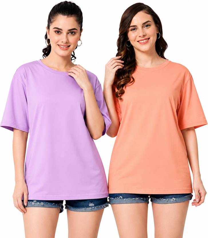 Cozimi Solid Women Round Neck Orange, Purple T-Shirt