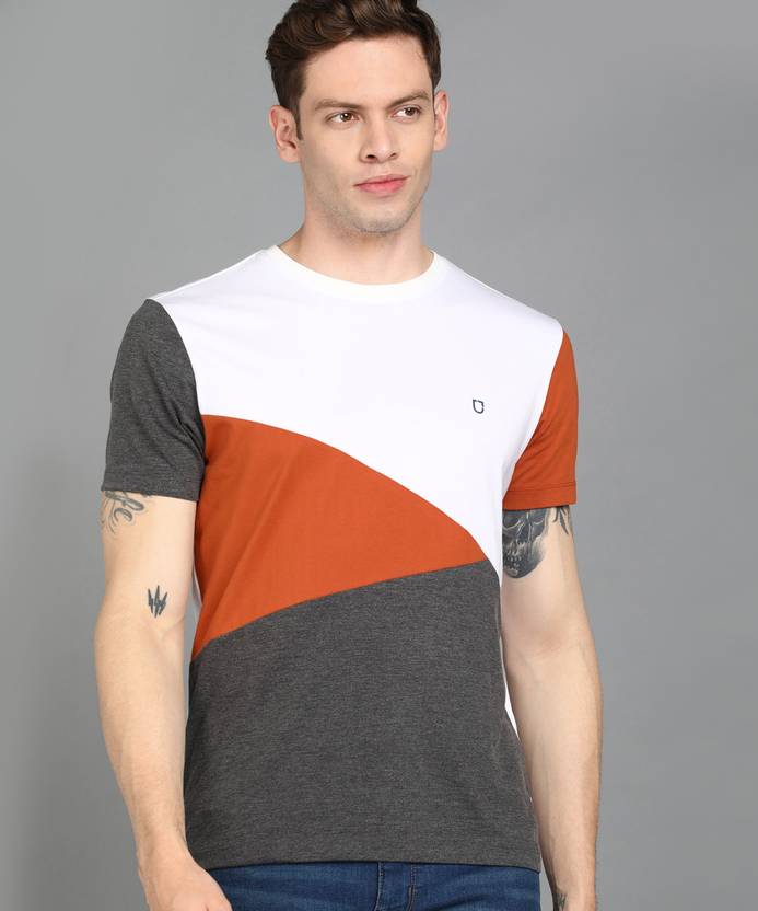 Urbano Fashion Men Colorblock Round Neck Cotton Blend Grey T-Shirt
