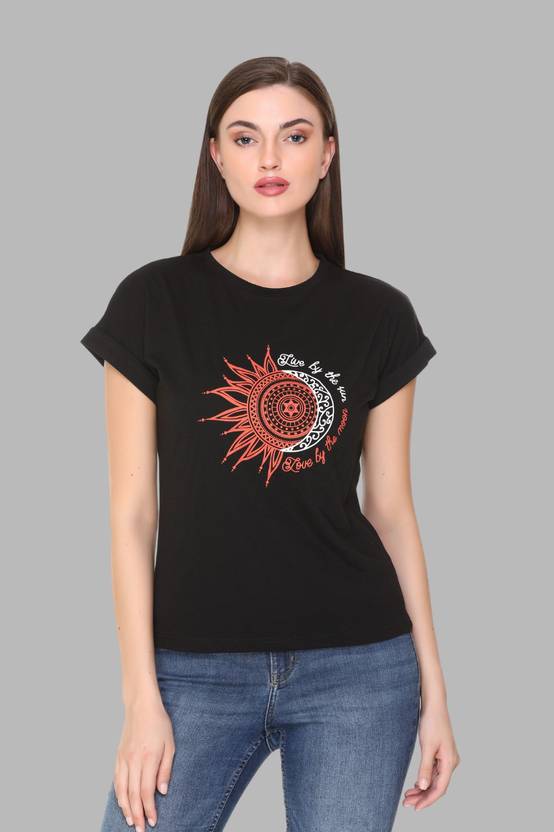 PLUSH PUSH THE FASHION Women Printed Round Neck Cotton Blend Black T-Shirt