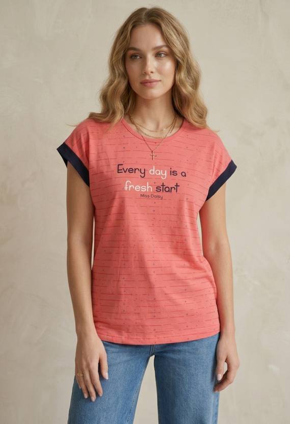 WINEBERRY Women Striped, Typography Round Neck Cotton Blend Pink T-Shirt