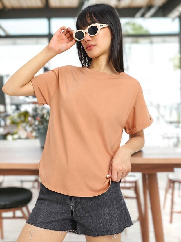 JUNEBERRY Solid Women Round Neck Brown T-Shirt