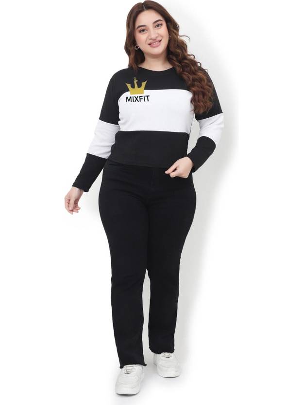 MIXFIT Solid Women Cowl Neck Black T-Shirt