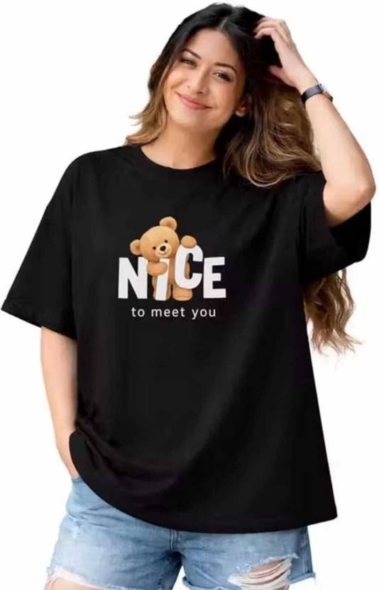 Stem Rope Printed Women Round Neck Black T-Shirt