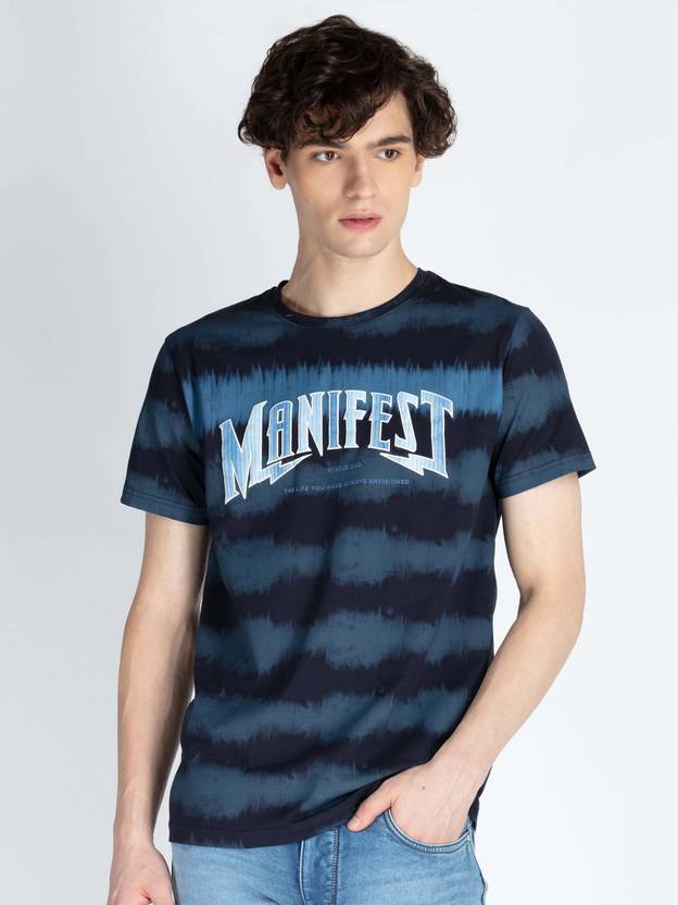 Status Quo Men Printed Round Neck Pure Cotton Navy Blue T-Shirt