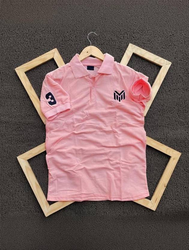 MAFURD Men Solid Polo Neck Cotton Blend Pink T-Shirt
