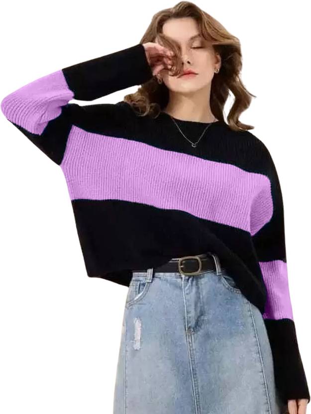 Amreliya Enterprise Colorblock Women Round Neck Purple, Black T-Shirt