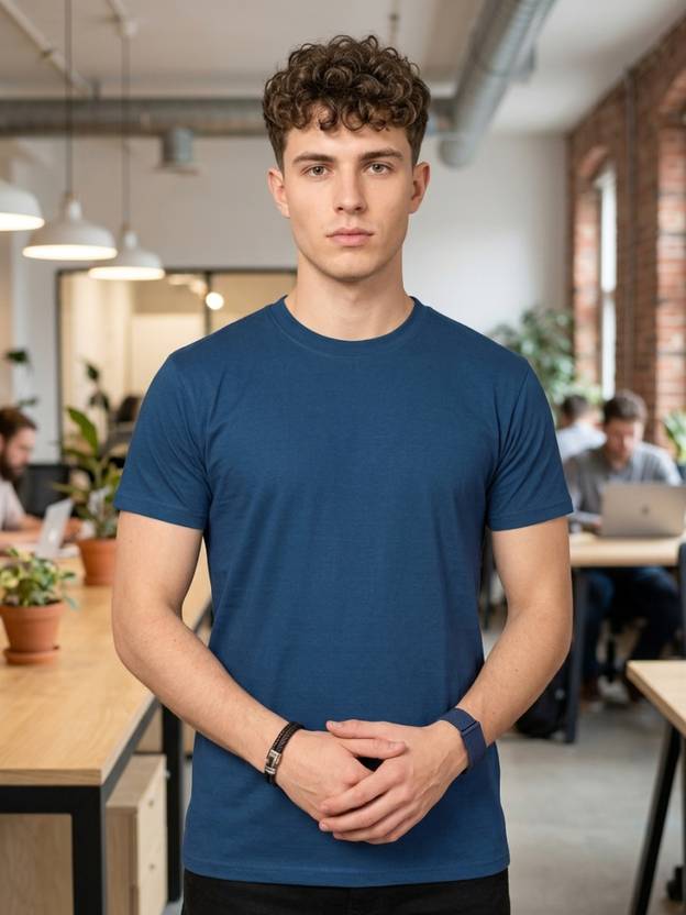 ANAND Men Solid Round Neck Polyester Blue T-Shirt