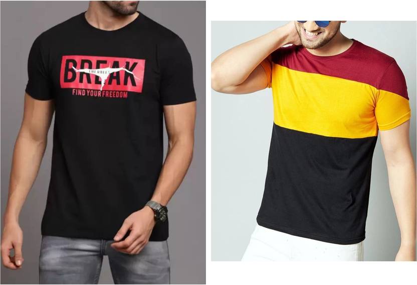 Meetri Printed Men Round Neck Black, Yellow T-Shirt