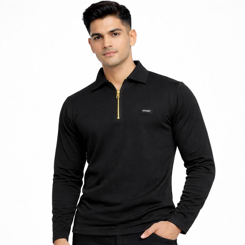 Bhadawar Creations Printed Men Zip Neck Black T-Shirt