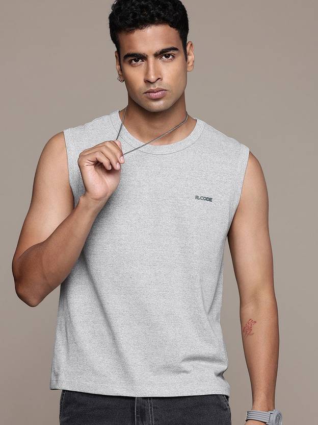 R.Code by The Roadster Life Co. Men Solid Round Neck Cotton Blend Grey T-Shirt