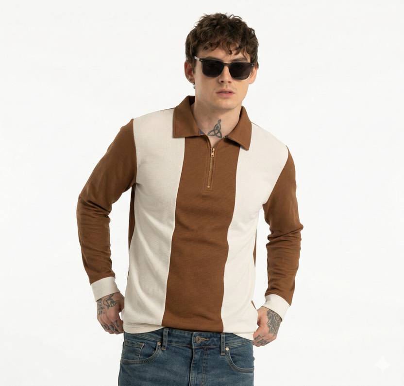 Bairagi Men Colorblock Polo Neck Cotton Blend Brown, White T-Shirt