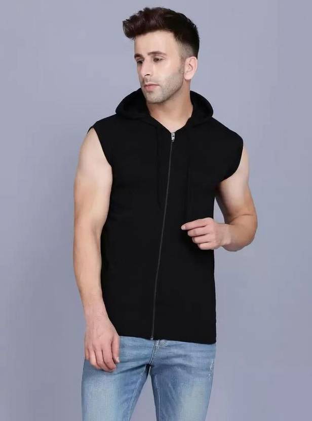 Blisstone Men Solid Hooded Neck Cotton Blend Black T-Shirt
