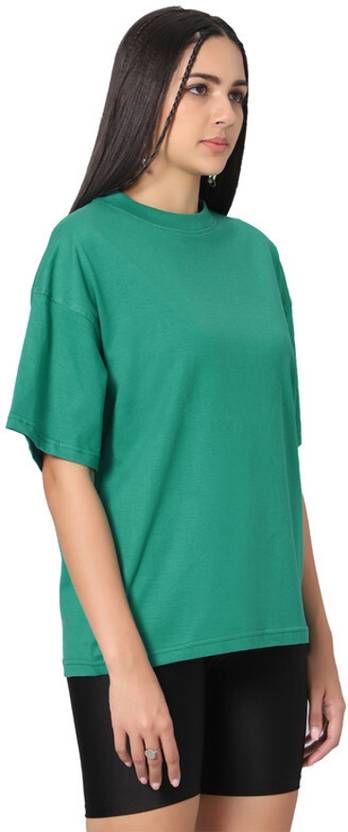 Besick Women Solid Round Neck Pure Cotton Green T-Shirt