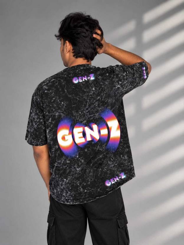 GENZYRA STYLE Men Washed, Graphic Print Round Neck Pure Cotton Black T-Shirt