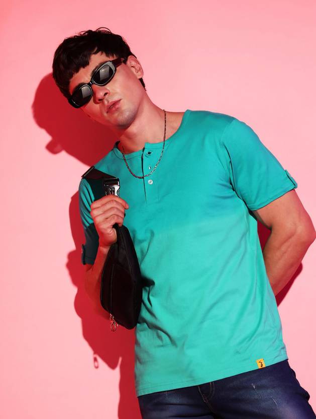 CAHOOT Men Solid Henley Neck Pure Cotton Green T-Shirt