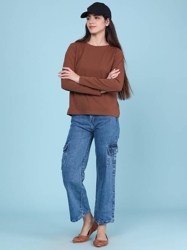 LIMEROAD Women Solid Round Neck Polyester Brown T-Shirt