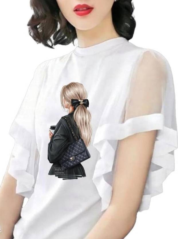 INDIAN EAGLE Women Solid High Neck Polyester White T-Shirt
