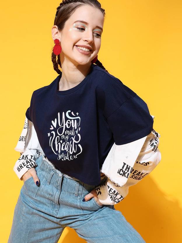 STREET9 Women Typography Round Neck Cotton Blend Navy Blue T-Shirt