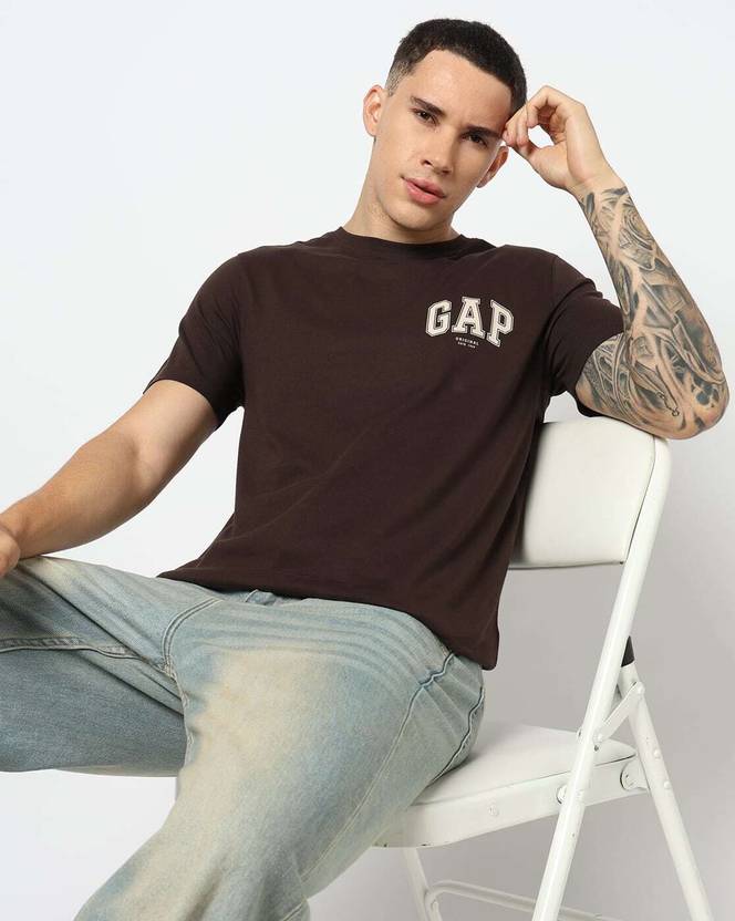 GAP Men Printed Crew Neck Pure Cotton Brown T-Shirt