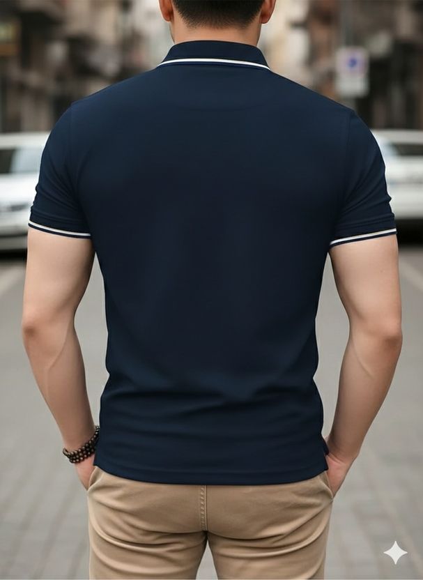 AACHIPAN Men Dark Blue Polo Neck T-Shirt - Image 2