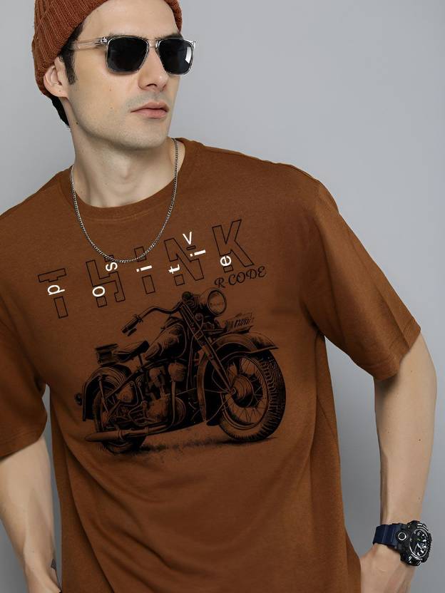 R.Code by The Roadster Life Co. Men Graphic Print Round Neck Cotton Blend Brown T-Shirt