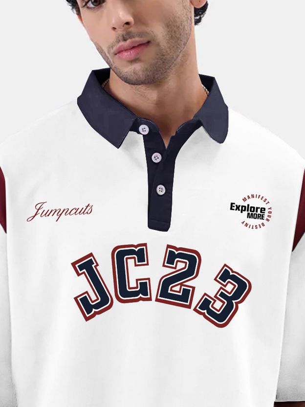 Jump Cuts Men Printed Polo Neck Cotton Blend White T-Shirt - Image 4