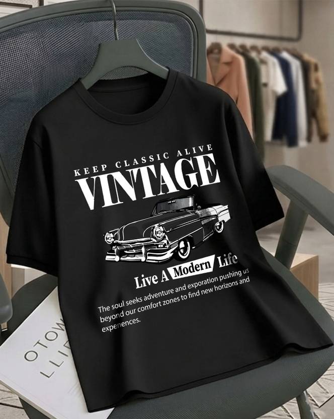 AOOSH Women Printed Round Neck Cotton Blend Black T-Shirt
