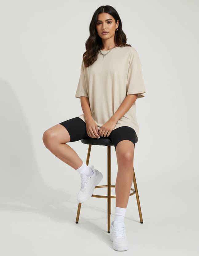 Adam White Solid Women Round Neck Beige T-Shirt