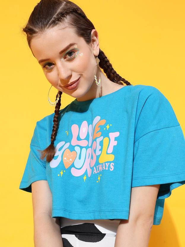 STREET9 Women Typography Round Neck Cotton Blend Blue T-Shirt