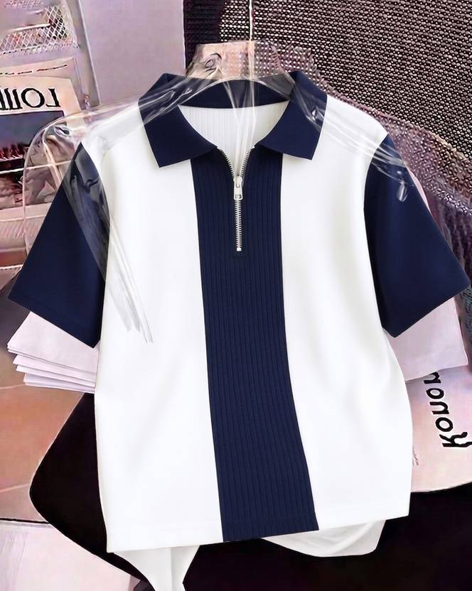 AOOSH Women Colorblock Zip Neck Cotton Blend White, Navy Blue T-Shirt