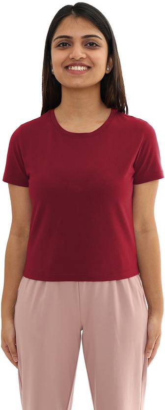 BlissClub Women Solid Round Neck Cotton Blend Brown T-Shirt