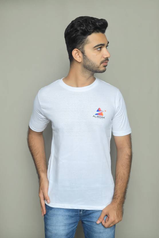 ALMORA Men Solid Round Neck Cotton Blend White T-Shirt