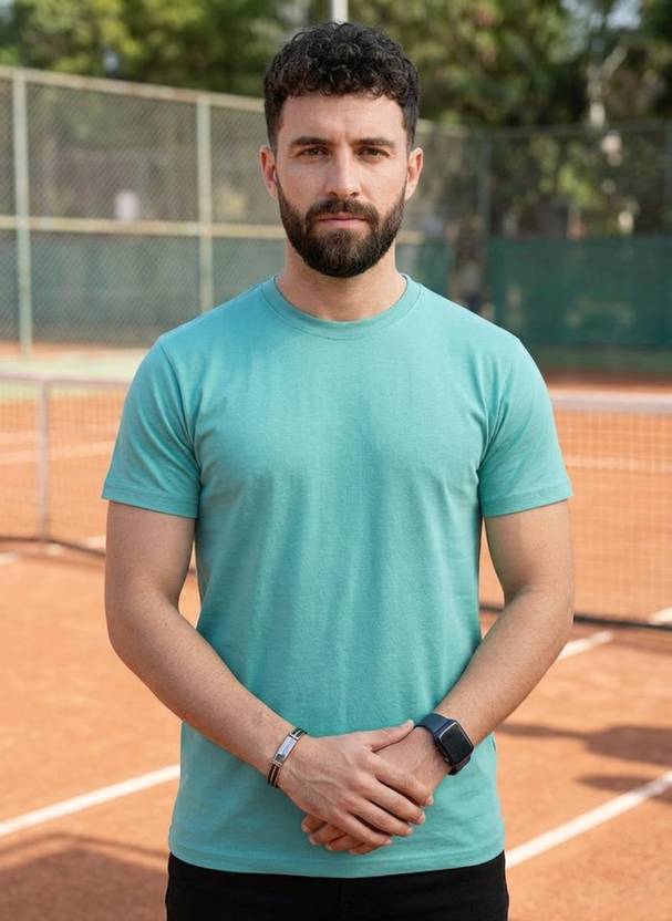 ANAND Men Solid Round Neck Linen Blend Green T-Shirt