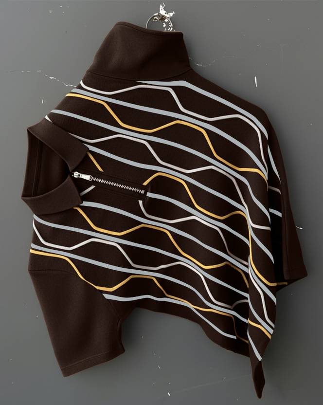 GLOBAL NOMAD Men Printed Zip Neck Cotton Blend Brown, Yellow T-Shirt