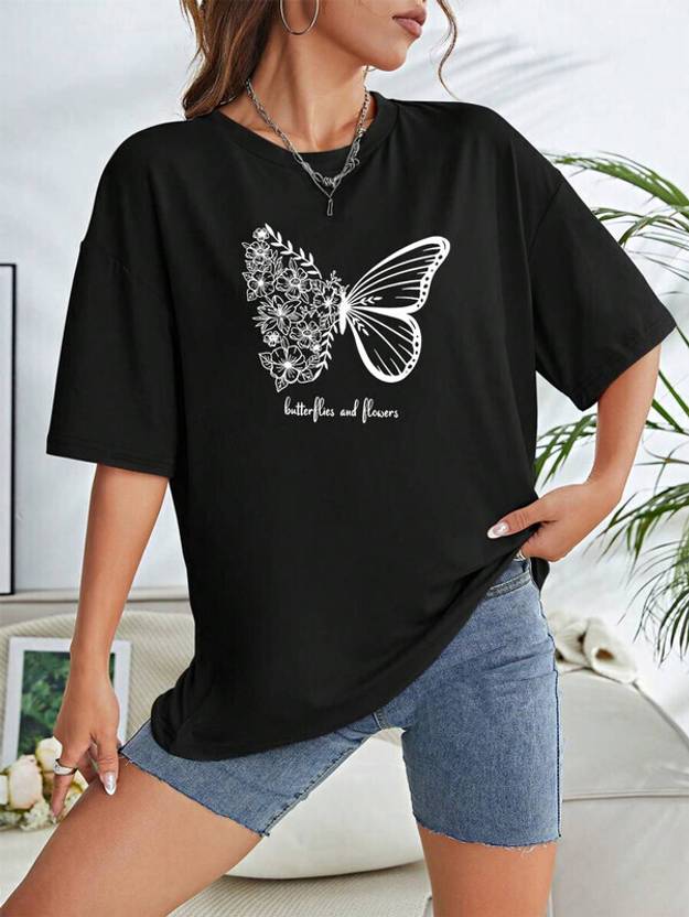 Adam White Printed Women Round Neck Black T-Shirt