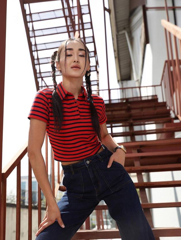 STREET9 Women Solid Polo Neck Cotton Blend Red T-Shirt
