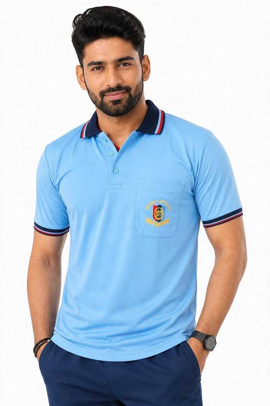 Mango Fashion Men Embroidered Polo Neck Polyester Light Blue T-Shirt
