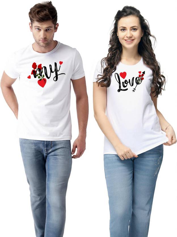 ATHLETIQO Pack of 2 Couple Printed Round Neck Polyester White T-Shirt