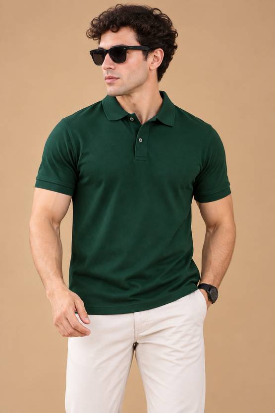 DAVNO Men Solid Polo Neck Pure Cotton Dark Green T-Shirt