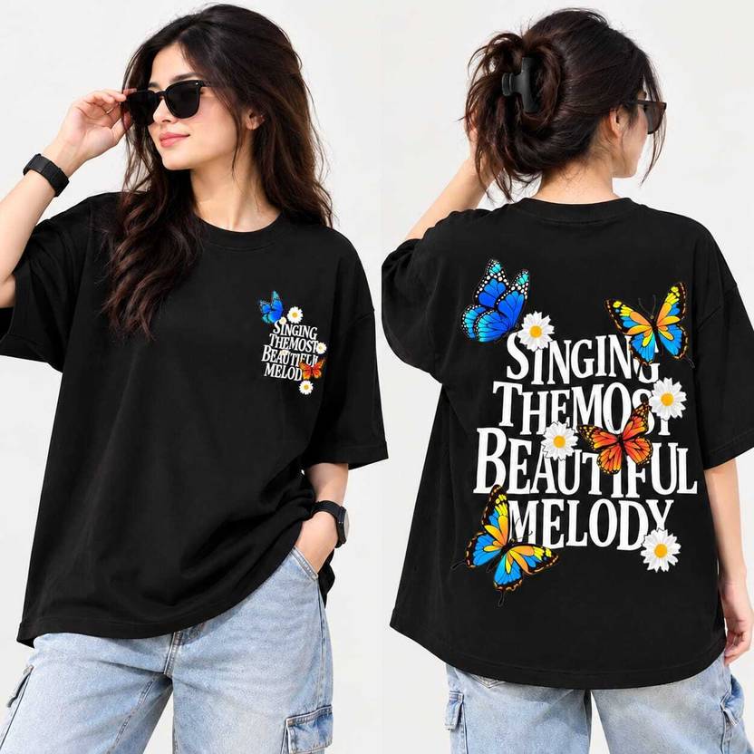 univibe design Graphic Print, Printed, Floral Print, Typography Women Round Neck Black T-Shirt