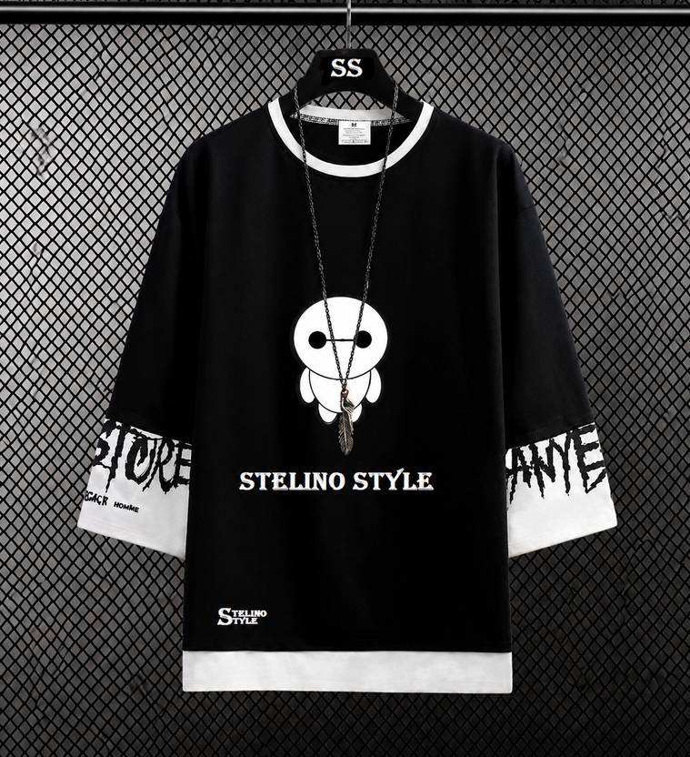 MUUNKEY Men Printed Round Neck Pure Cotton Black T-Shirt